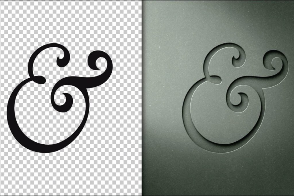 A Cut-Out Paper Mockup showing two panels one with a black ampersand on a transparent background and the other with a cut-out ampersand on a textured gray surface.