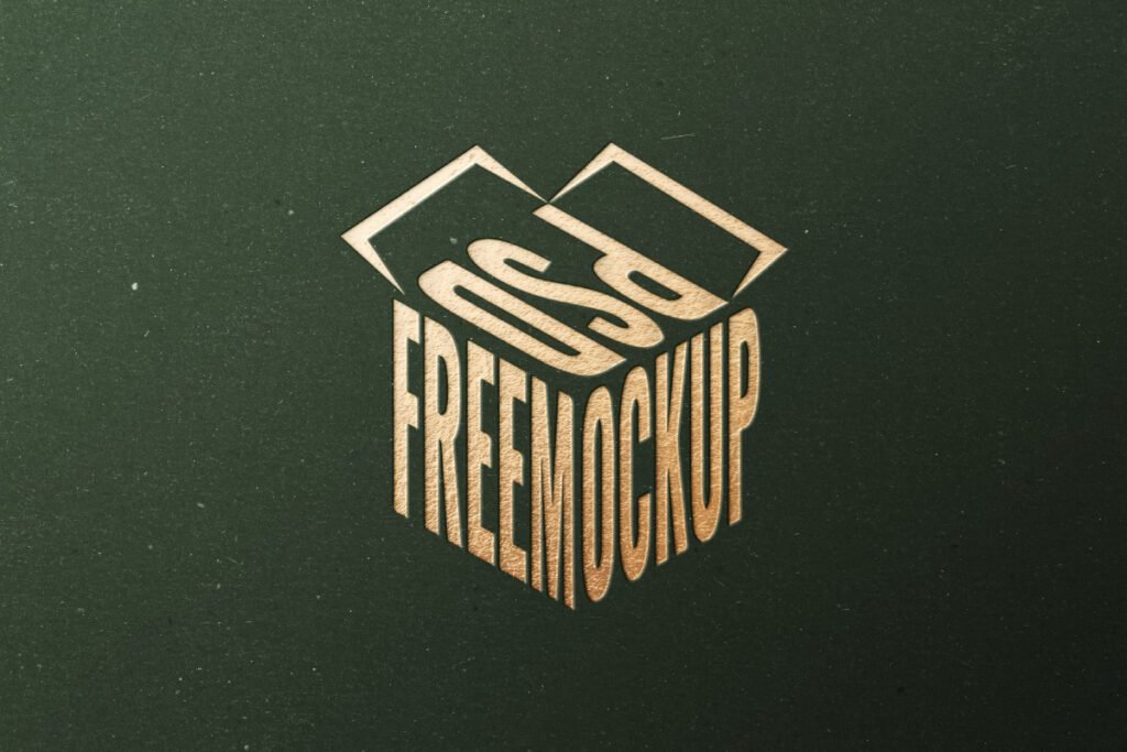 A Logo Mockup Gold Pressed PSD text in a dynamic 3D perspective "PSD FREEMOCKUP"