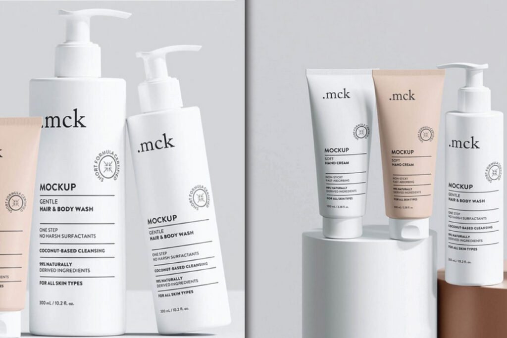A diptych showcasing various white and peach-colored cosmetic product containers, presented as a Cosmetic Branding Mockup PSD.