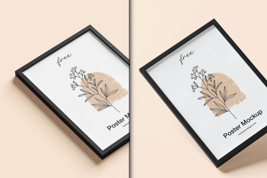 A diptych showing two angled views of a black-framed poster on a light peach background, serving as a Frame Poster Mockup PSD.