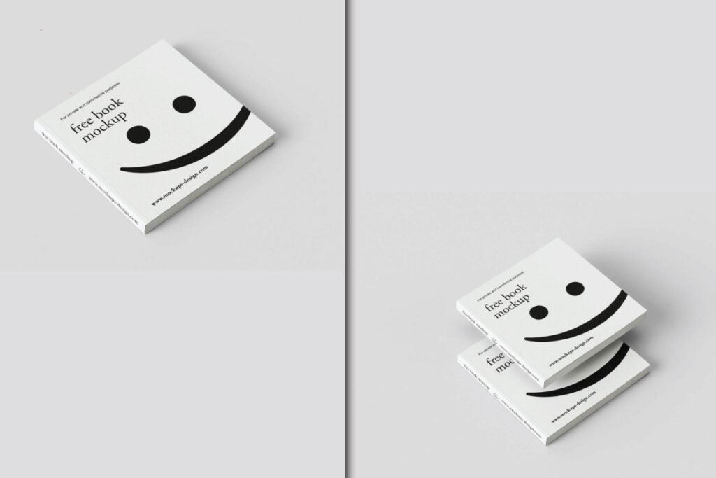 A single square book mockup and a stack of two identical square book mockups, both featuring a smiley face.
