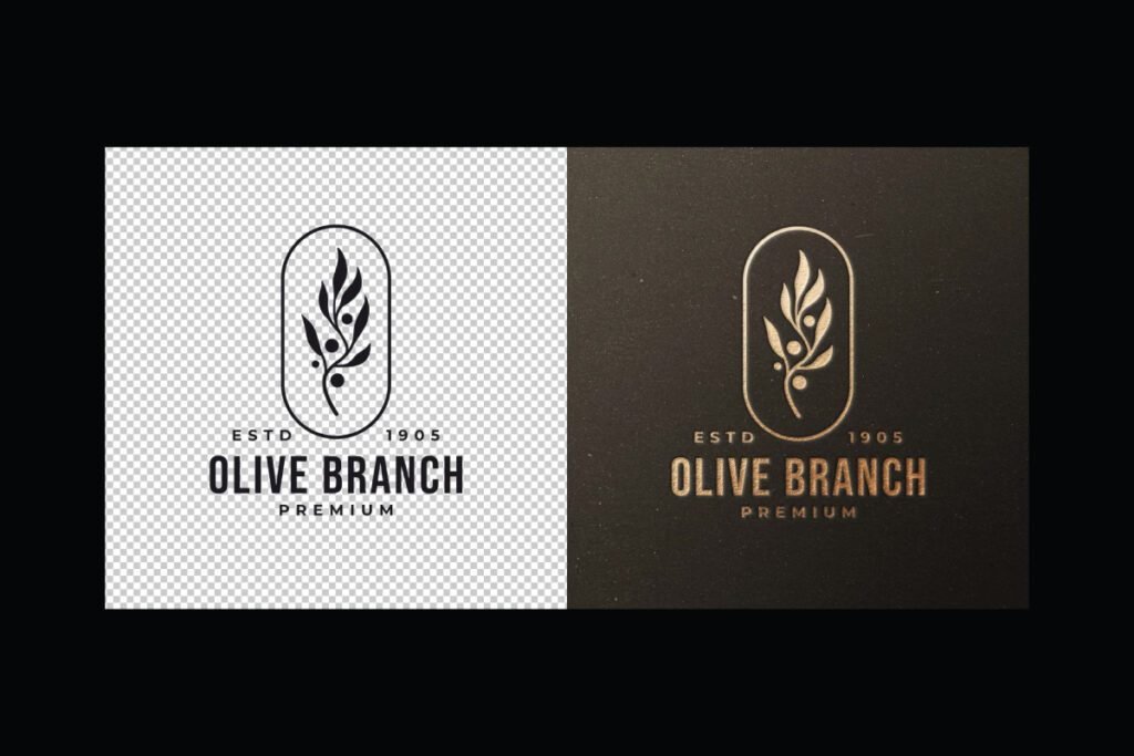 Two versions of an olive branch logo with text. The left shows a black logo on a transparent background. The right shows the same logo in gold pressed on a dark textured background. The text reads "ESTD 1905 OLIVE BRANCH PREMIUM".