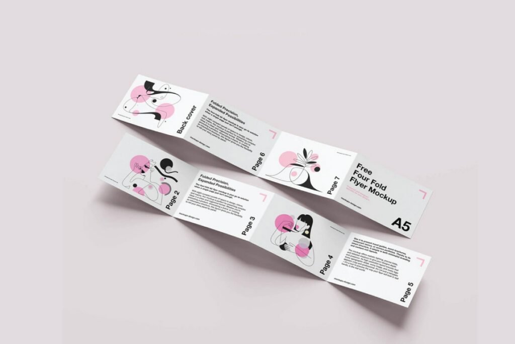 Two white A5 four-fold flyers are displayed on a light pink surface, serving as an A5 Four-Fold Flyer Mockup.