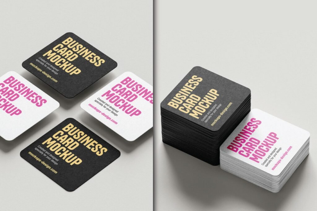 Floating and stacked square rounded business cards in black and white, featuring "Business Card Mockup" text, from a "Square Rounded Business Cards Mockup PSD."