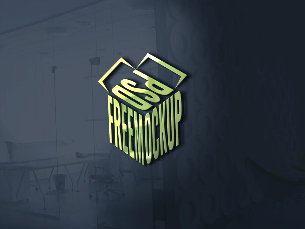A "3D glass window logo mockup" featuring a green and yellow "PSD FREEMOCKUP" logo shaped like an open box, seemingly applied to a dark glass wall, with a blurred office interior visible through the glass on the left.