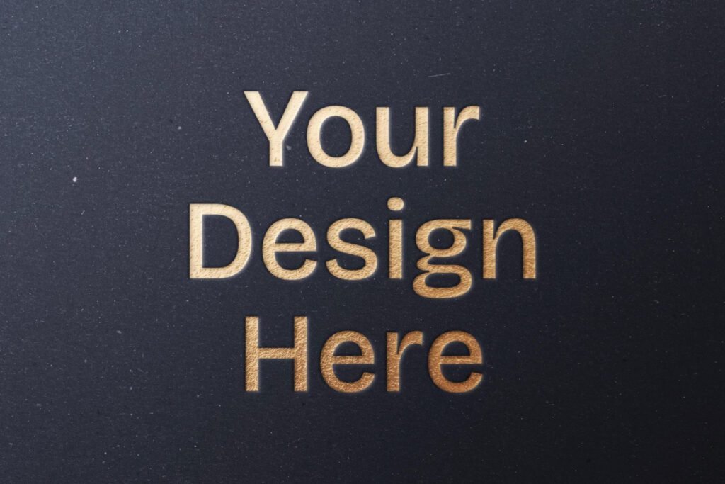 Logo Mockup Gold Pressed PSD phrase "Your Design Here" in a gold pressed effect on a dark, textured background, creating a luxurious debossed appearance.