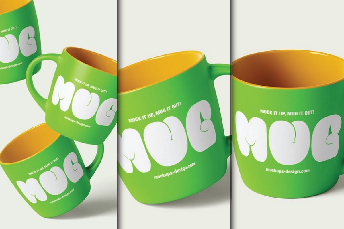 Multiple green ceramic matte mugs with yellow interiors and white MUG text, showcasing a 5 Shots Ceramic Matte Mug Mockup PSD.