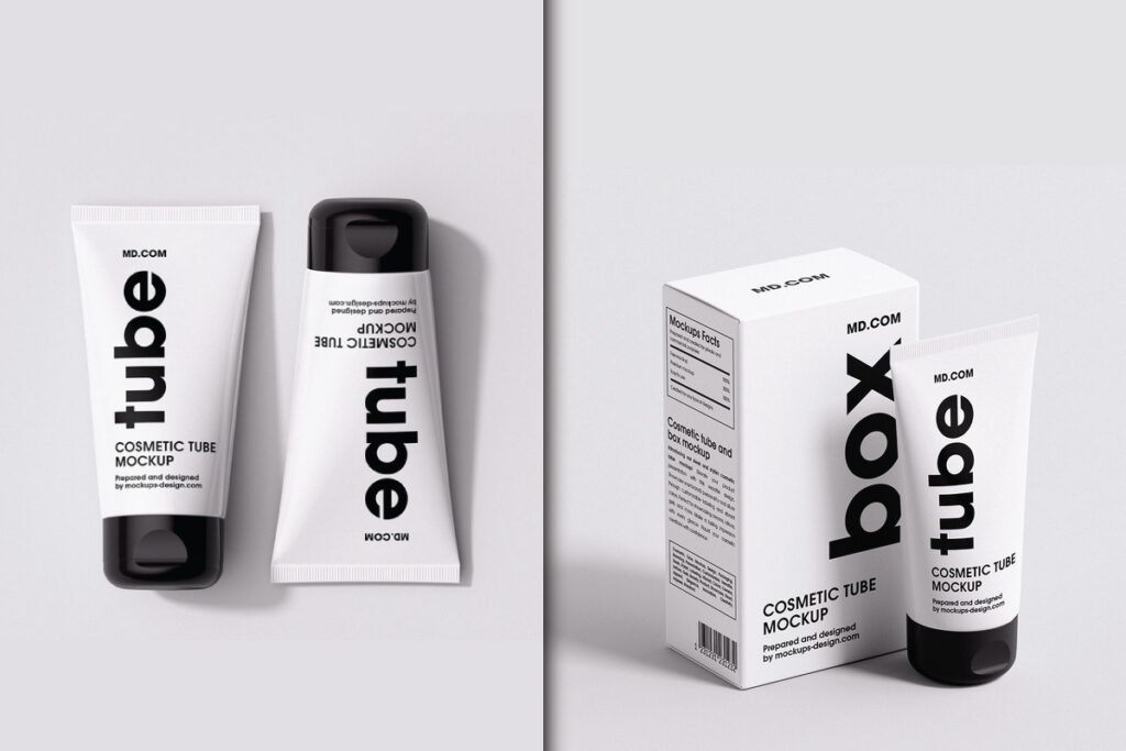Two white cosmetic tubes and a white box are displayed on a light gray surface, showcasing the 6 Angles Cosmetic Tubes and Box Mockup PSD.