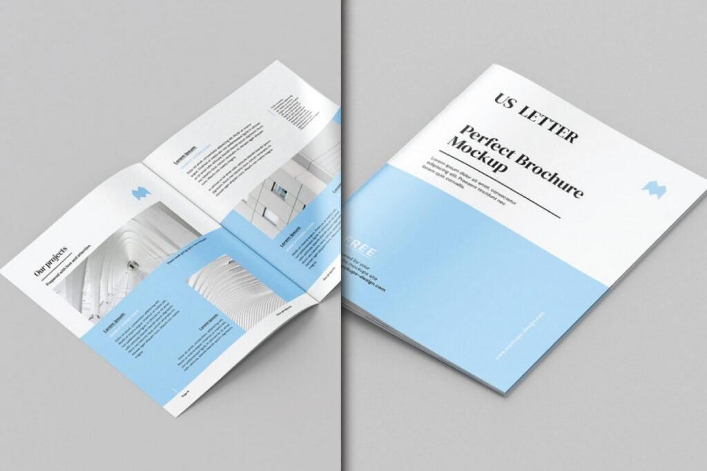 An open A4 Bi-Fold Brochure Mockup PSD showing internal pages with images and text, and a closed A4 Bi-Fold Brochure Mockup PSD displaying the cover.