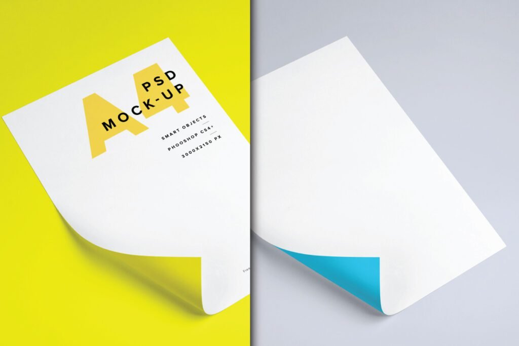 A4 paper mockup PSD for letterhead and resume presentation displays two A4 sheets with curled corners, one on a yellow background with a yellow A4 logo and black text, and the other blank on a gray background.