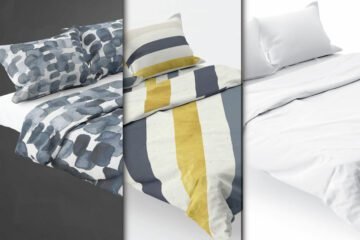 Three Bedding Mockup examples, showing a blue watercolor pattern, a yellow and grey stripe, and a plain white set.