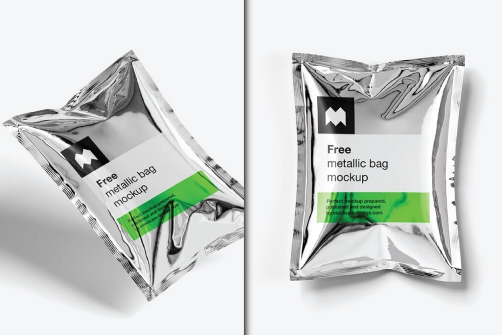 Aluminum Foil Packaging Bag Mockup PSD, presented from two angles.