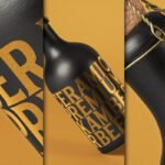 A close-up, three-panel dark bottle mockup PSD featuring golden typography on a matte black bottle, with details of the cork and wire enclosure.