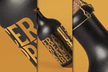A close-up, three-panel dark bottle mockup PSD featuring golden typography on a matte black bottle, with details of the cork and wire enclosure.