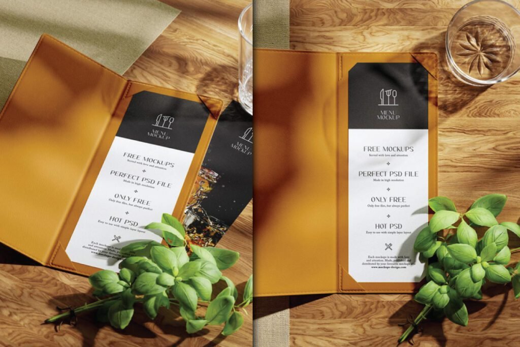 Bistro single fold menu card mockup in a leather holder on a wooden table with basil.