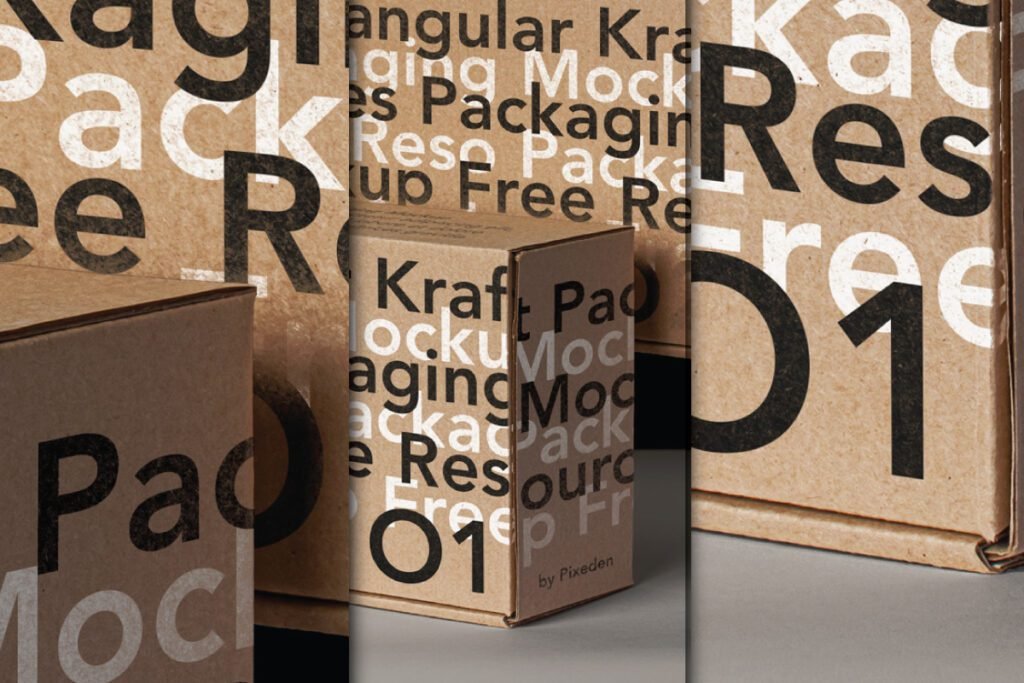 A collage of Kraft Rectangular Box Packaging Mockup views, featuring large black and white "Packaging Mockup" text and "01" numbering, showcasing different angles of the boxes.