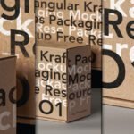 A collage of Kraft Rectangular Box Packaging Mockup views, featuring large black and white "Packaging Mockup" text and "01" numbering, showcasing different angles of the boxes.