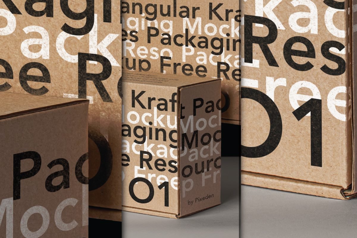 A collage of Kraft Rectangular Box Packaging Mockup views, featuring large black and white "Packaging Mockup" text and "01" numbering, showcasing different angles of the boxes.