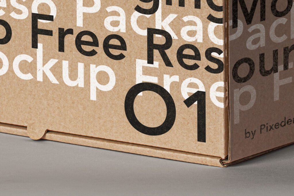 Close-up of a Kraft cardboard box mockup with "Free Resource" and "Packaging Mockup" text in black and white, and a large black "O1" on the side.
