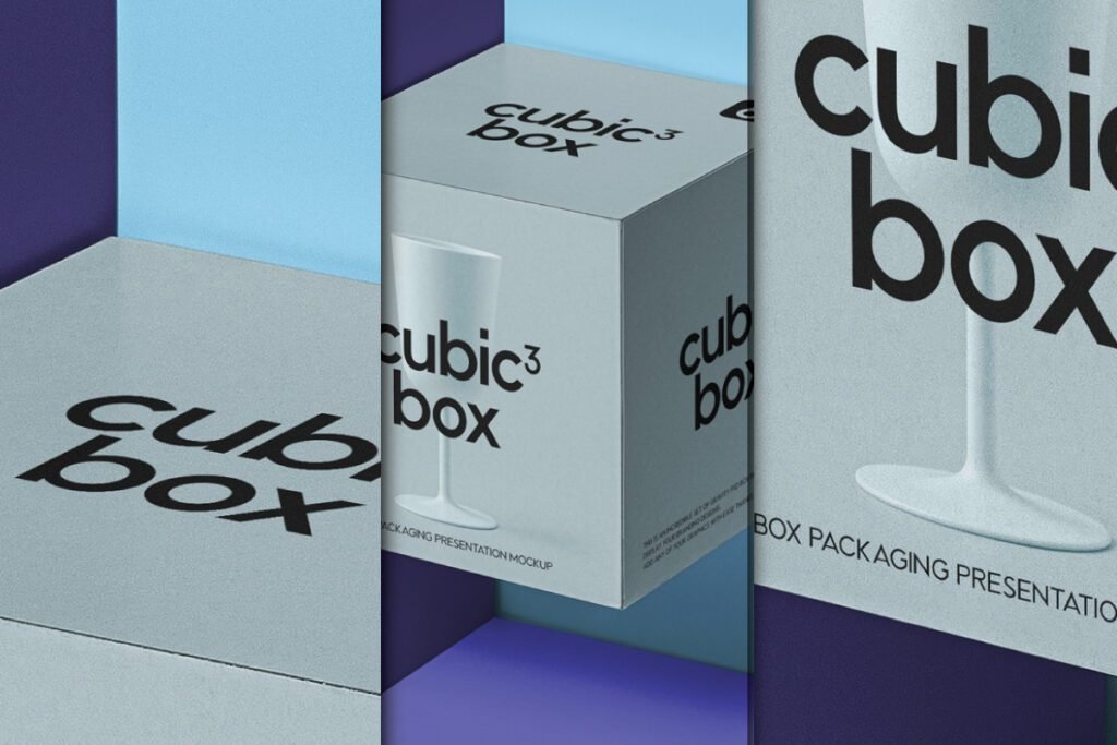 A multi-panel Cubic Box Packaging Mockup PSD template displaying different angles of a product box. Each light grey panel features the "cubic box" brand logo and a white goblet illustration, set against contrasting blue and purple backgrounds. This packaging design mockup is ideal for product presentation.