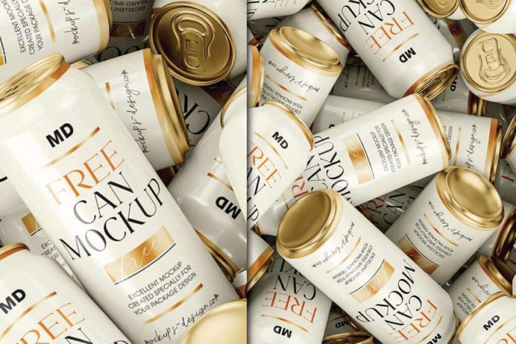 Two close-up views of a bulk soda can set mockup PSD, showing numerous white and gold cans with FREE CAN MOCKUP text and the MD logo.