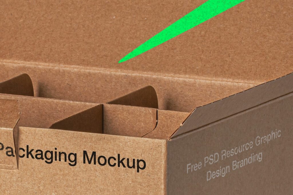 Close-up of an open Kraft cardboard box with internal dividers, featuring a bright green diagonal stripe and partial text "Packaging Mockup" and "Free PSD Resource Graphic Design Branding".