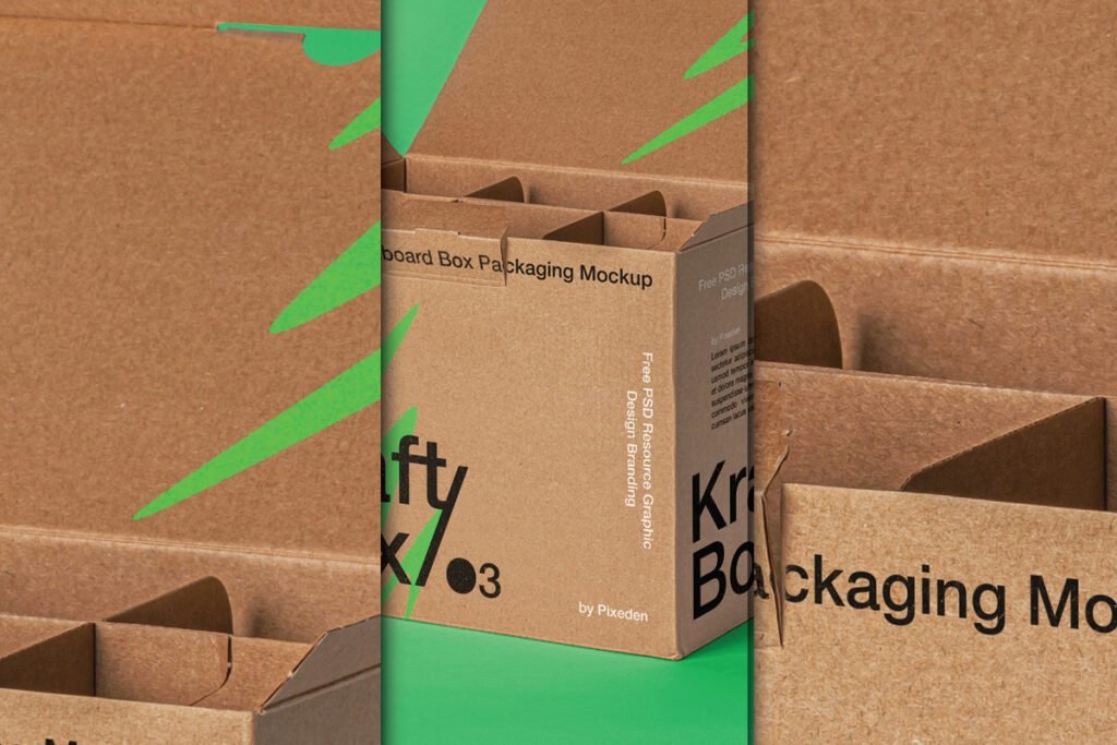 A close-up collage of Kraft cardboard box mockups, showing open boxes with dividers, "Krafty Box" branding, and green graphic elements, against a green background.