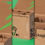 A close-up collage of Kraft cardboard box mockups, showing open boxes with dividers, "Krafty Box" branding, and green graphic elements, against a green background.