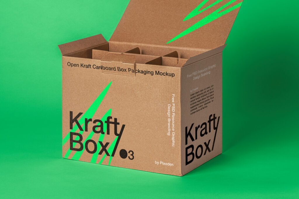 An open Kraft cardboard box with internal dividers