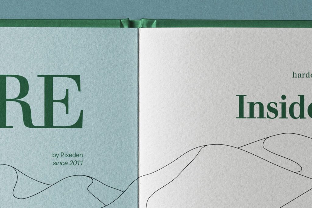 Close-up of an open hardcover catalog mockup