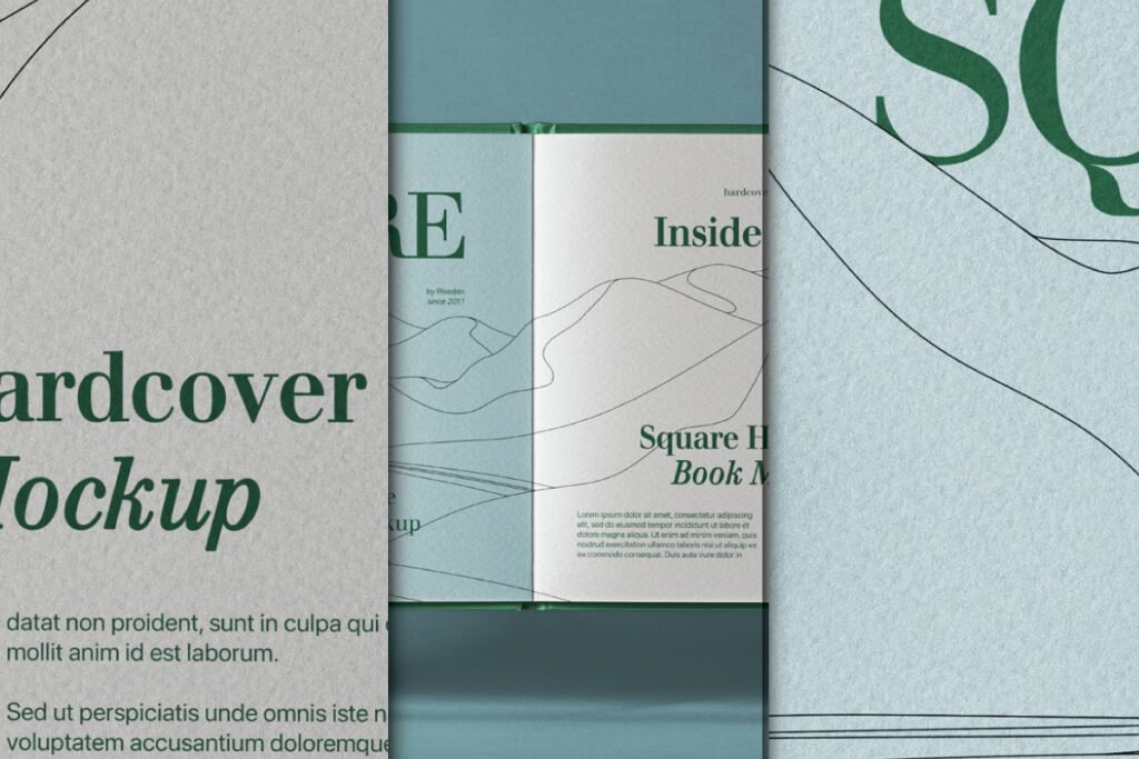 A multi-panel Square Catalog Mockup collage featuring close-ups of open and closed catalog pages with abstract line art, green text "Hardcover Mockup" and "Inside", and textured paper, against a blue-green background.