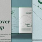 A multi-panel Square Catalog Mockup collage featuring close-ups of open and closed catalog pages with abstract line art, green text "Hardcover Mockup" and "Inside", and textured paper, against a blue-green background.