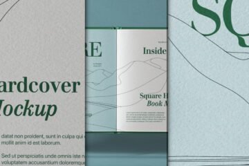 A multi-panel Square Catalog Mockup collage featuring close-ups of open and closed catalog pages with abstract line art, green text "Hardcover Mockup" and "Inside", and textured paper, against a blue-green background.