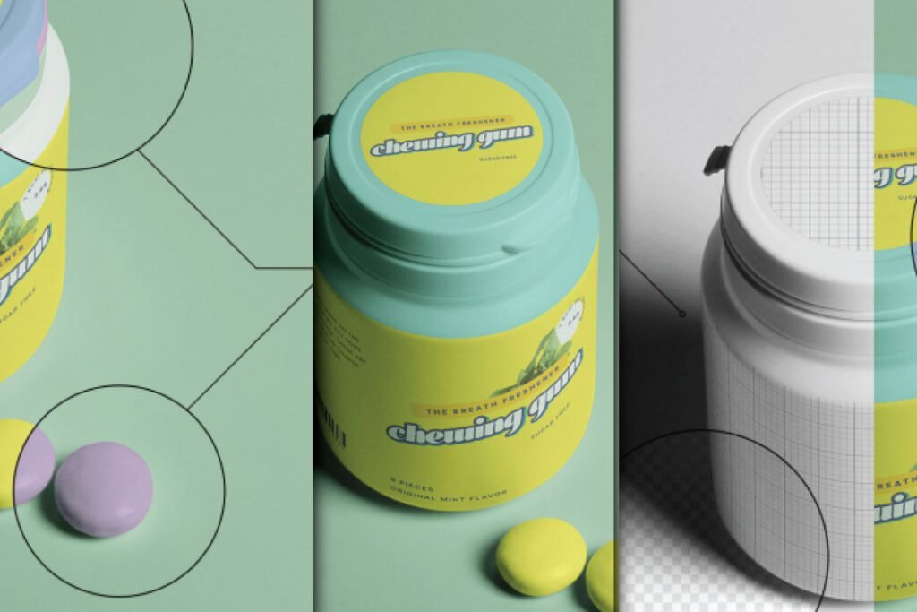 A three-panel Gum Jar Mockup PSD showing a chewing gum jar with a yellow label, alongside close-ups of gum pieces and a transparency grid.