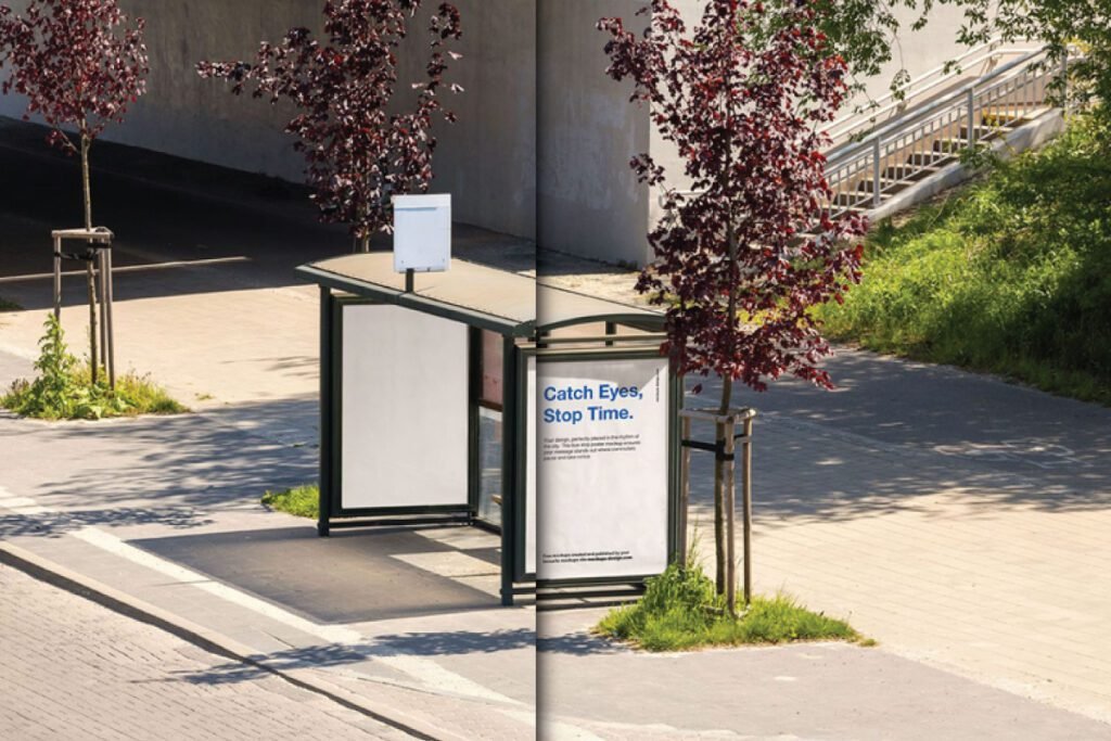 City Bus Stop Poster Mockup PSD: A bus shelter with two blank and branded ad panels, surrounded by trees.