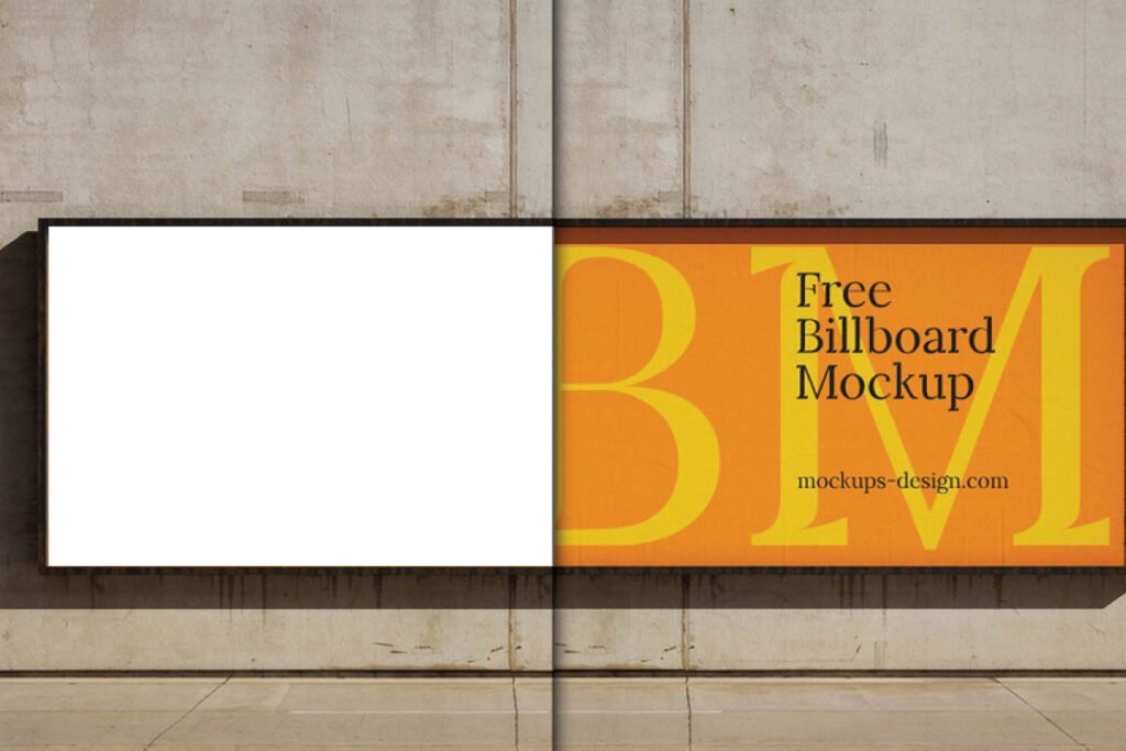 A split view of a Concrete Wall Banner Mockup. The left side displays a blank white banner framed in black, while the right side features an orange banner with large yellow "B" and "M" letters and "Free Billboard Mockup" text, all mounted on a textured concrete wall above a sidewalk.