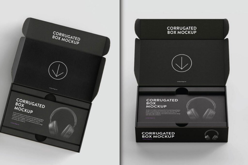 Corrugated Headphone Box Mockup PSD: Two open black boxes showing headphone graphics and interior design.