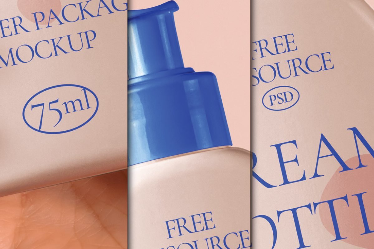 A close-up Cosmetic Bottle Mockup showing a cream bottle with a blue pump, displaying "75ml" and "FREE SOURCE PSD" text on the light pink packaging.