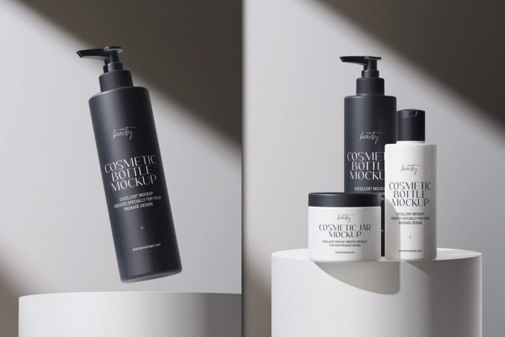 Two cosmetic bottles and jar set mockup PSDs. The left features a single floating black pump bottle. The right displays a black pump bottle, a white flip-top bottle, and a white jar with a black lid, all positioned on a white cylindrical pedestal. Both mockups include text indicating they are cosmetic bottle and jar mockups for package design.