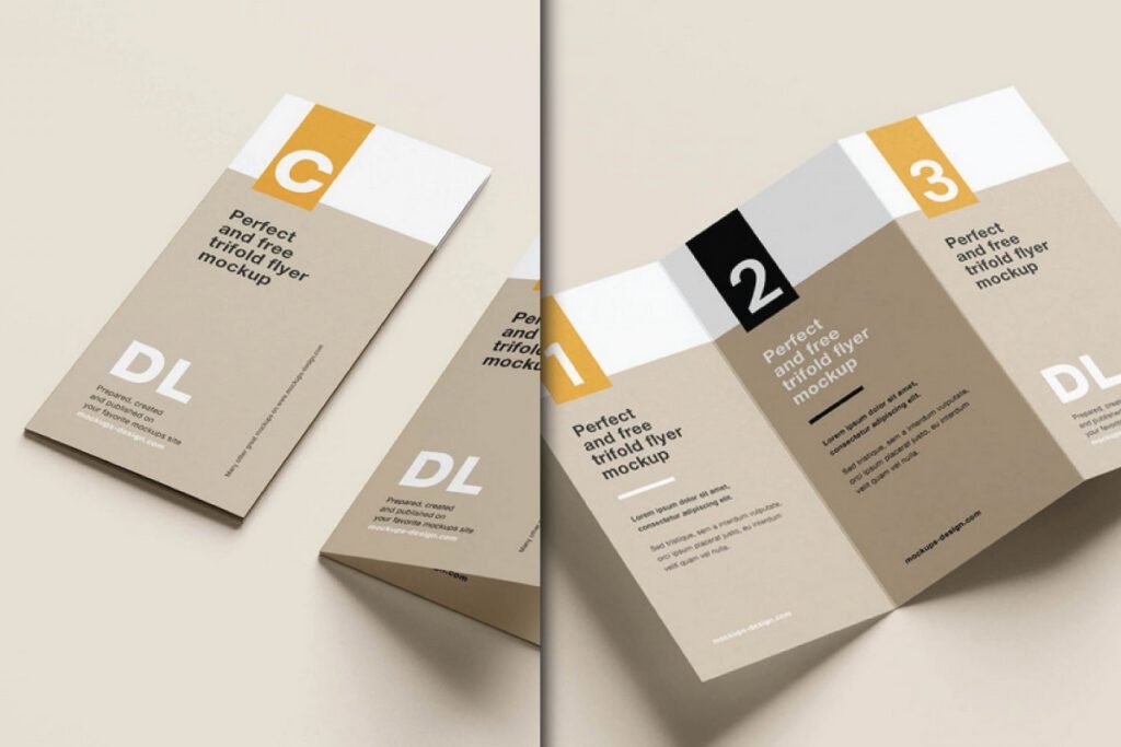 A DL size flyer mockup PSD with a tri-fold layout displays a closed-tri-fold flyer and a second one open to show the inside panels. Both have a modern design with orange, black, and white accents, and placeholder text.