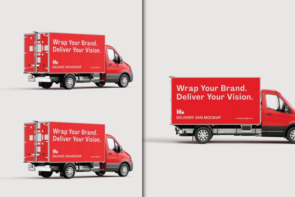 Three red delivery vans with "Wrap Your Brand. Deliver Your Vision." text on their side panels, showcasing a branding design.