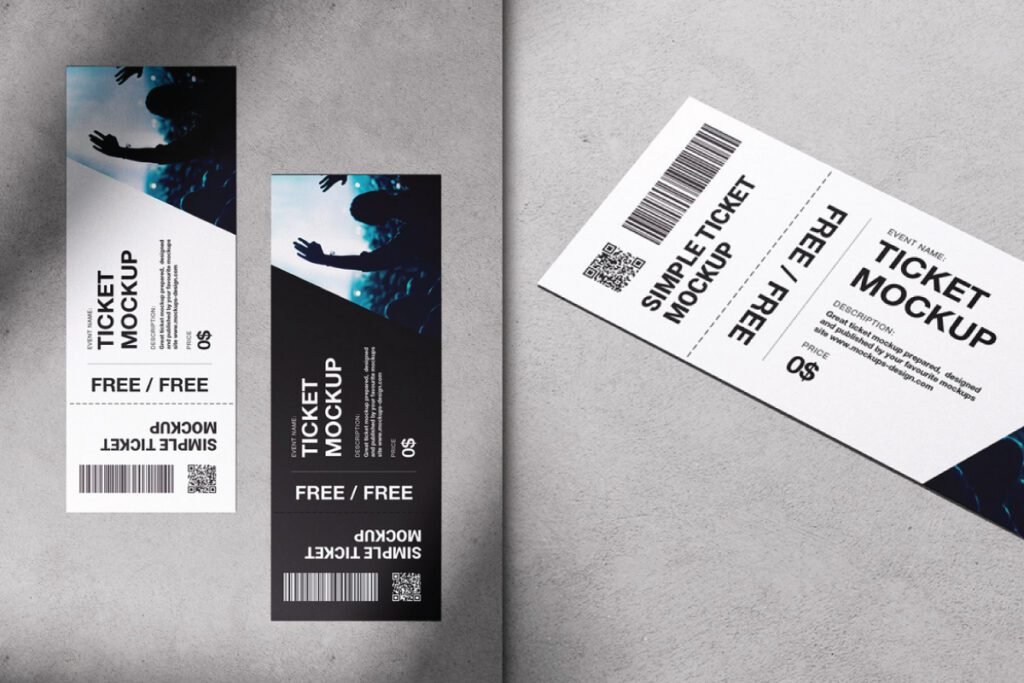 Three editable concert ticket mockup PSDs displayed on a gray background, two vertical with dark imagery and one horizontal white ticket.