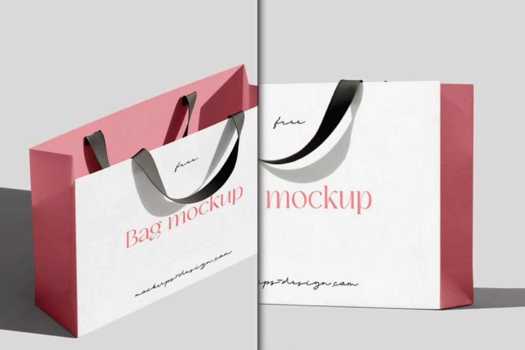A split view featuring two Elegant Shopping Bag Mockups. Both bags are white with pink sides and black ribbon handles, displaying "Bag mockup" text in pink. The left bag is angled, while the right bag is presented straight on against a light grey background.