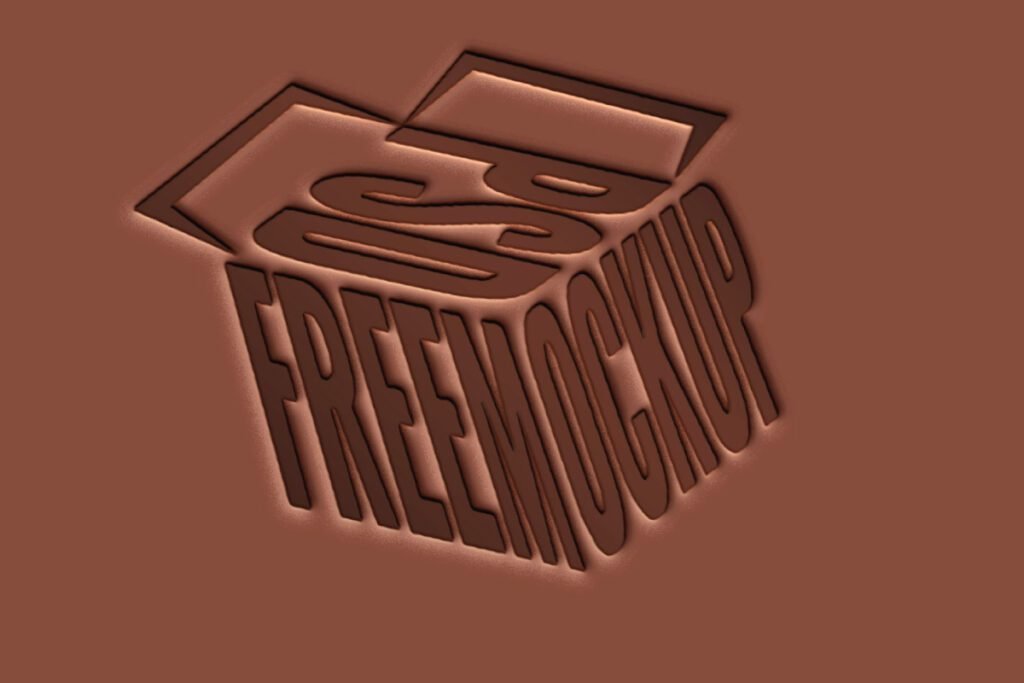 Embossed Leather Stamping Logo Mockup PSD displays a brown leather surface with a deeply embossed PSD FREEMOCKUP box logo, showcasing a realistic, textured effect.