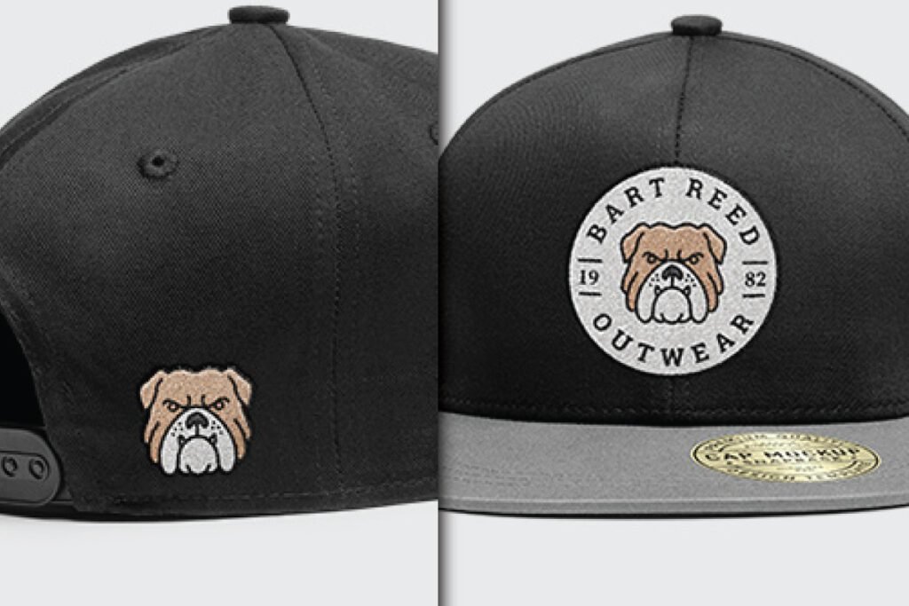 Embroidered Streetwear Cap Mockup PSD Front and Back View showing a black cap with a gray brim; the front has a circular bulldog logo and the back has a smaller bulldog logo.