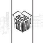 Engineering and Infrastructure Logo Mockup PSD features a large 3D PSD FREEMOCKUP box logo prominently displayed against a blurred background of architectural lines and scaffolding, evoking a construction or engineering environment.
