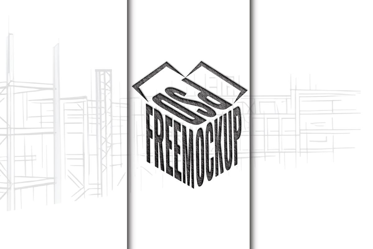 Engineering and Infrastructure Logo Mockup PSD features a large 3D PSD FREEMOCKUP box logo prominently displayed against a blurred background of architectural lines and scaffolding, evoking a construction or engineering environment.