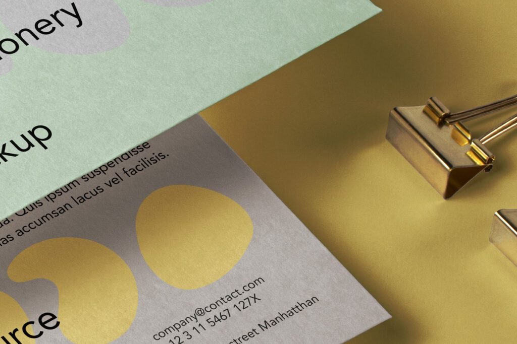 A close-up of an Envelope Mockup PSD, showing two overlapping pieces of stationery: a light green one partially visible at the top left, and a grey one with yellow abstract shapes and contact information at the bottom right, next to two golden binder clips.