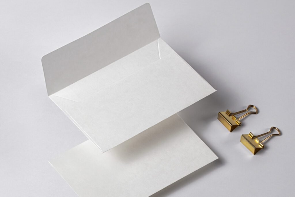 A white open envelope positioned above a blank white card, with two golden binder clips to their right, all on a light grey background, part of an "Envelope Mockup PSD set."