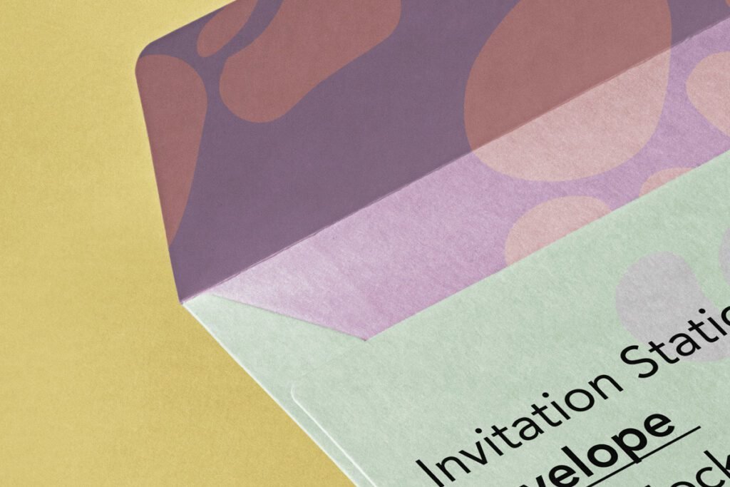 A close-up, angled view of an open envelope from an "Envelope Mockup set," revealing an inner flap with abstract purple and pink shapes, and a light green front with "Invitation Static Envelope" text, all on a yellow background.